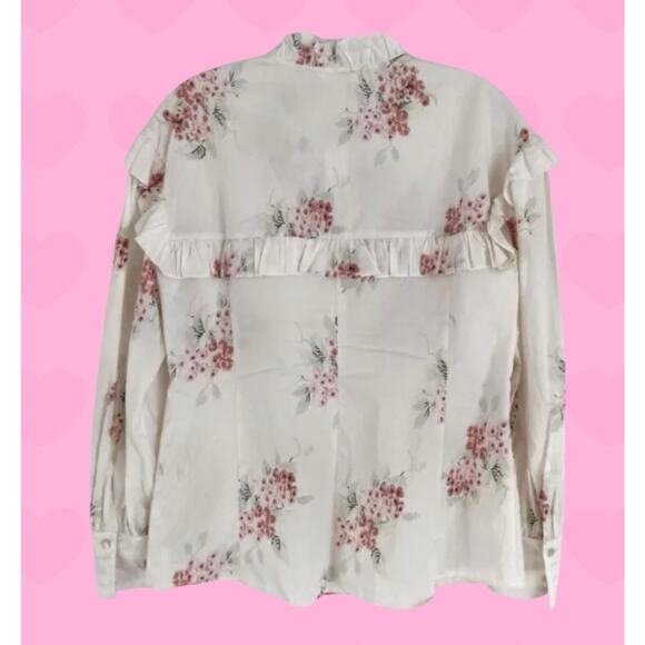 Rebecca Taylor Maia Ivory & Pink Floral Ruffled Victorian Cotton Blouse Sz 10 L - Picture 8 of 12